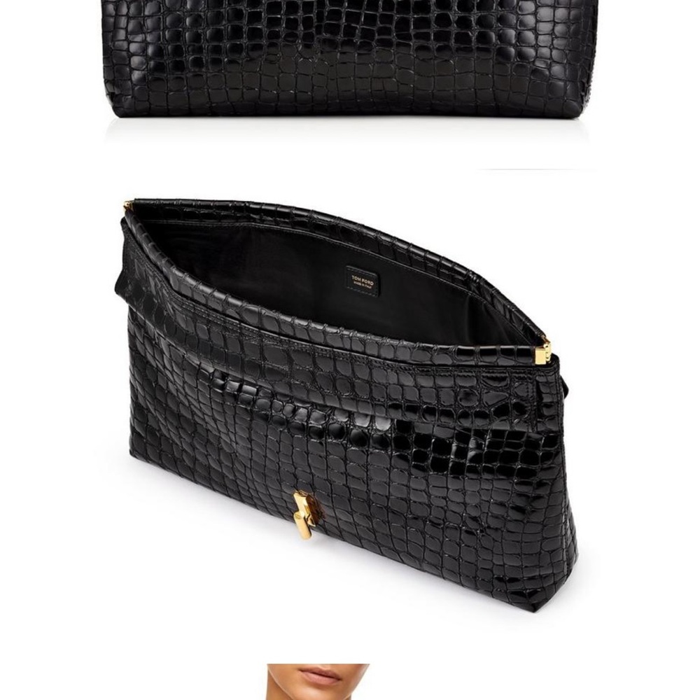 Rare and discontinued Tom Ford Embossed Crocodile T Twist Oversized Clutch